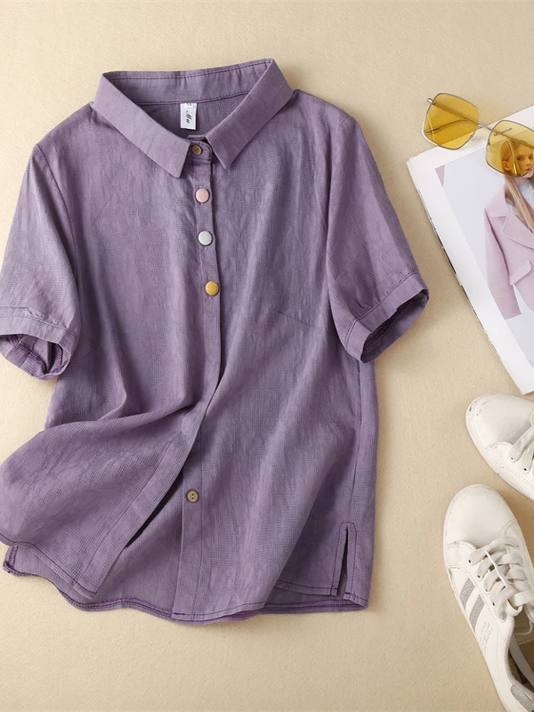 Summer Casual Cotton Linen Short Sleeve Shirt Women's Loose Fit Belly Covering Slimming Top Large Size Collar Button Detail
Summer Casual Cotton Linen Short Sleeve Shirt Women's Loose Fit Belly Covering Slimming Top Large Size Collar Button Detail