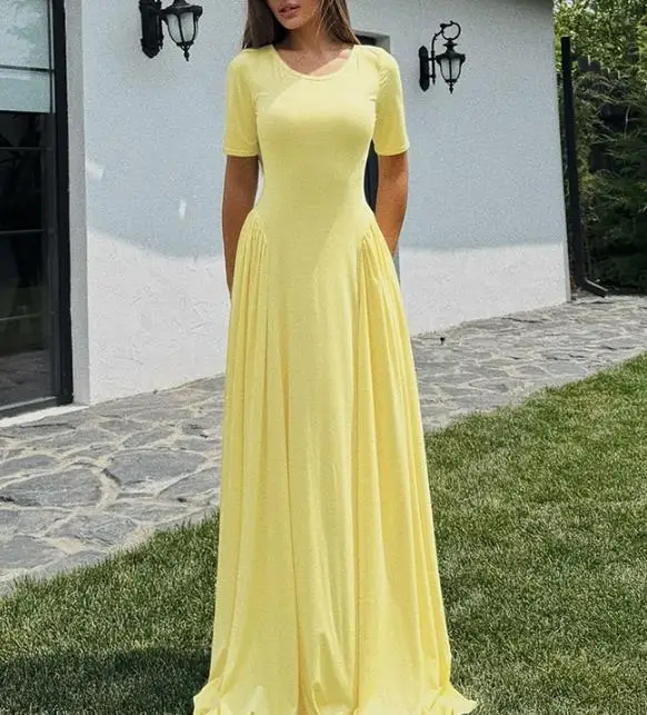 2025 summer new women's clothing solid color fashionable temperament round neck slim fit short sleeved big swing dress
2025 summer new women's clothing solid color fashionable temperament round neck slim fit short sleeved big swing dress