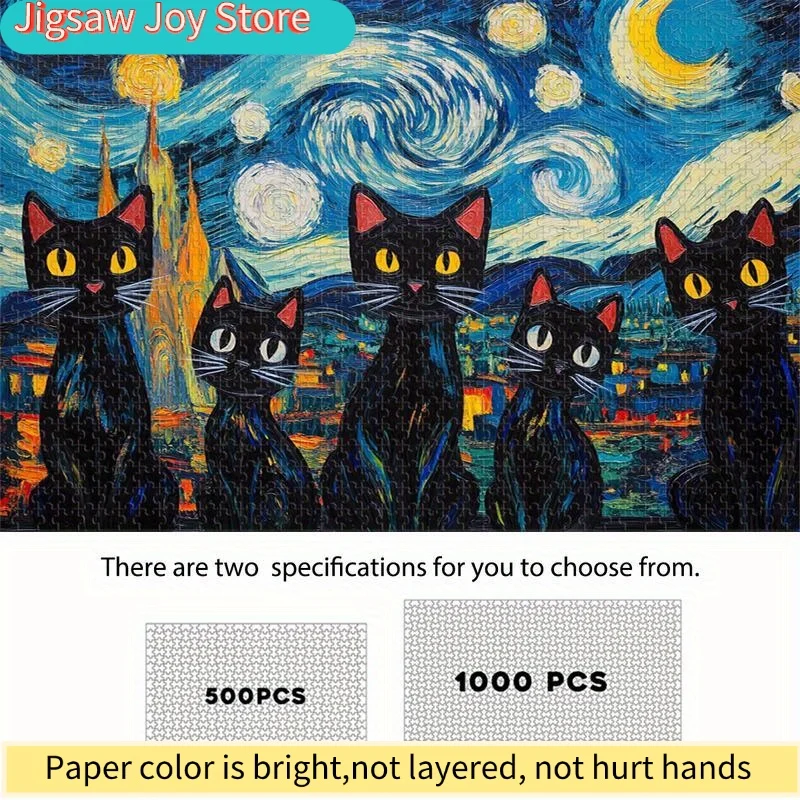 Mythical Dream: Five Yellow-Eyed Black Cats and the Encounter with the Starry Sky, Wooden Puzzle - Bright Colors and Complex
Mythical Dream: Five Yellow-Eyed Black Cats and the Encounter with the Starry Sky, Wooden Puzzle - Bright Colors and Complex