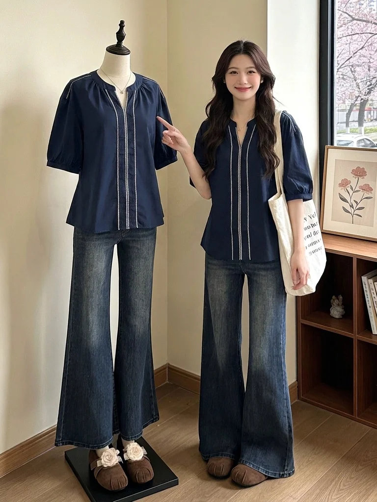 Elegant Dark Blue V-Neck Short Sleeve Shirt Women's plus Size Summer New Style Slimming Tummy Covering Top Korean Style Commute
Elegant Dark Blue V-Neck Short Sleeve Shirt Women's plus Size Summer New Style Slimming Tummy Covering Top Korean Style Commute
