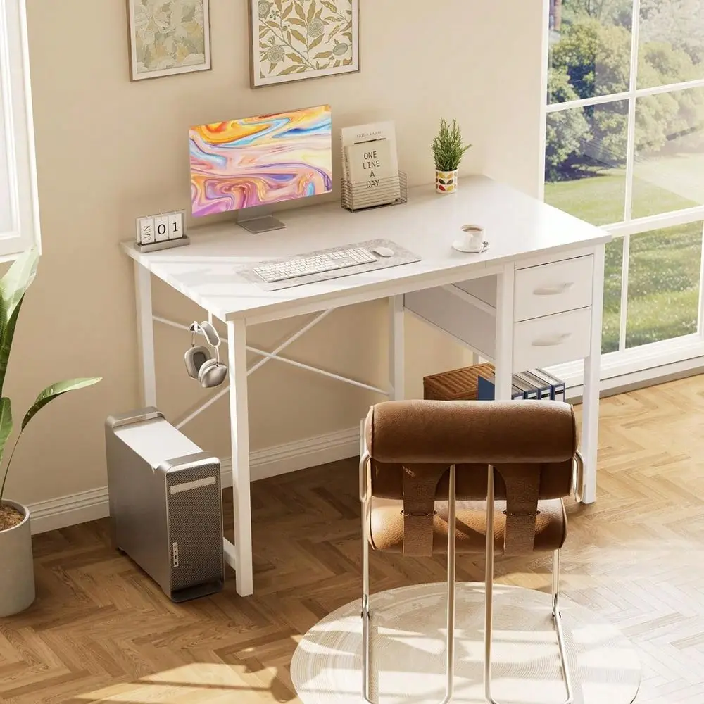 47 Inch Computer Desk With Drawers, White Gaming Desk With XShaped Frame Side Hook For Home Office
47 Inch Computer Desk With Drawers, White Gaming Desk With XShaped Frame Side Hook For Home Office
