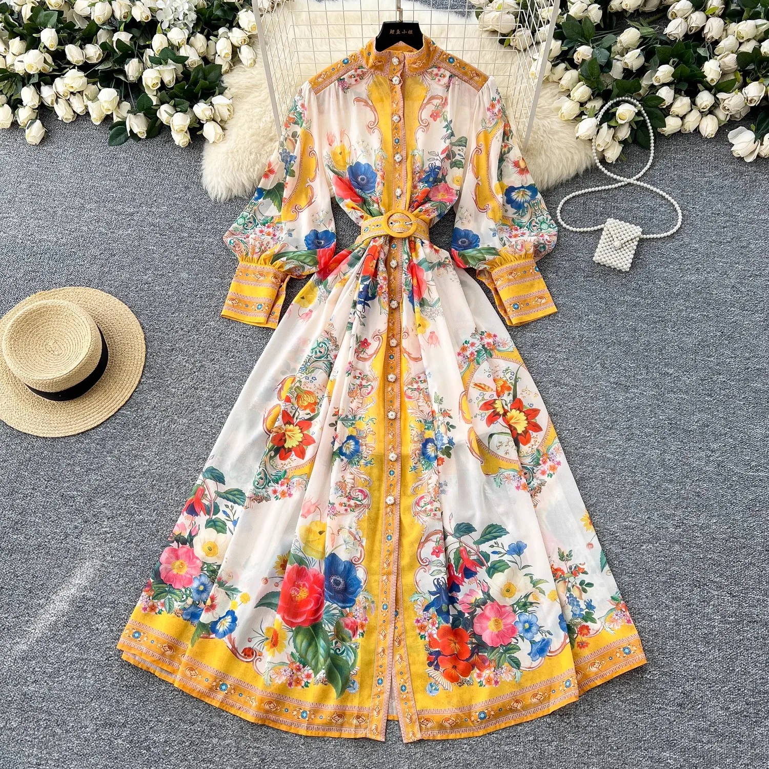 Spring Holiday Pink Floral Dress Women's Stand Long Lantern Sleeve Belt Lace Up Flower Print Loose A Line Boho Maxi Vestidos
Spring Holiday Pink Floral Dress Women's Stand Long Lantern Sleeve Belt Lace Up Flower Print Loose A Line Boho Maxi Vestidos