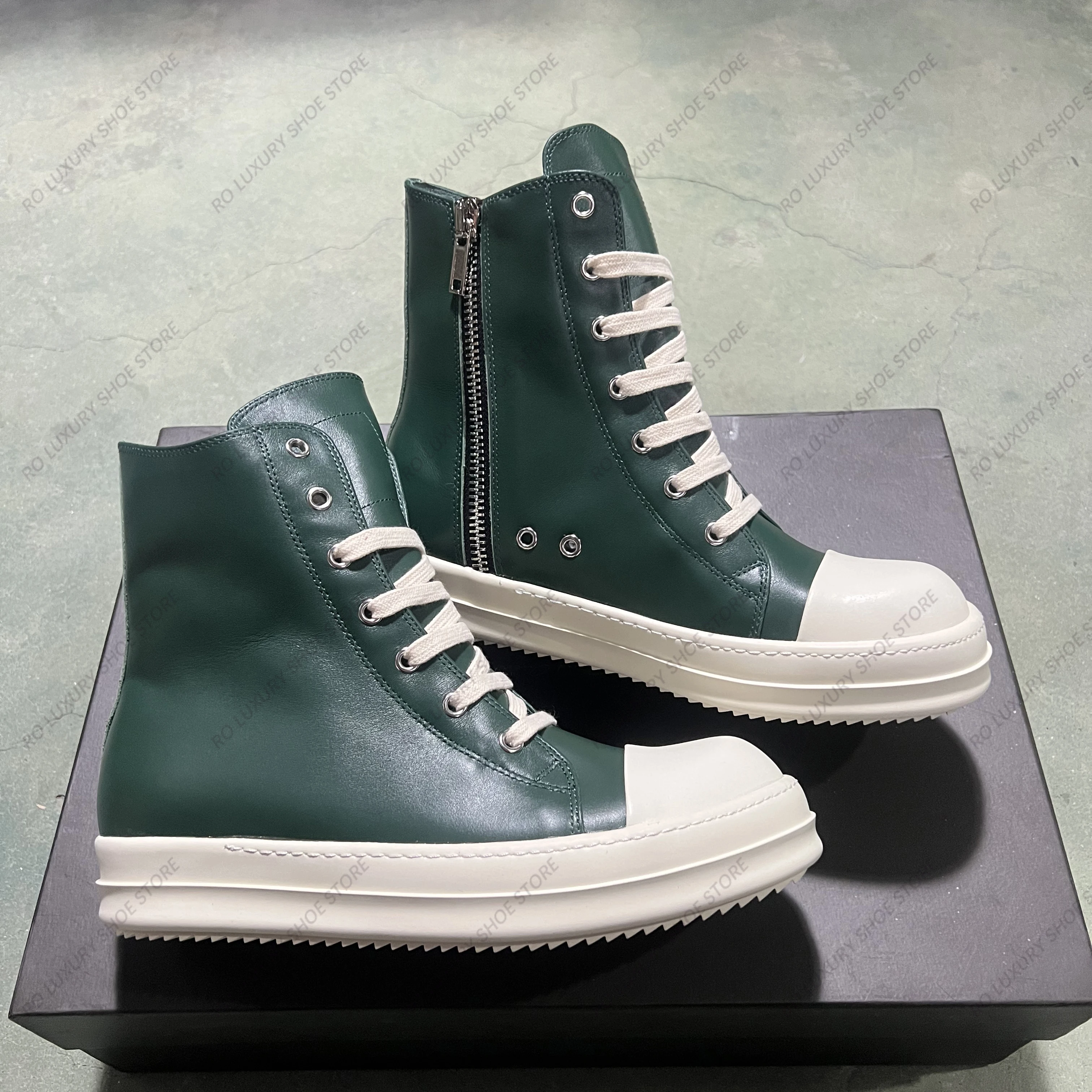 High Top Women Leather Sneaker Casual Men Shoe Brand Quality Dark Green ricks Flat Luxury Lace Up owens Designer Platform Shoe
High Top Women Leather Sneaker Casual Men Shoe Brand Quality Dark Green ricks Flat Luxury Lace Up owens Designer Platform Shoe