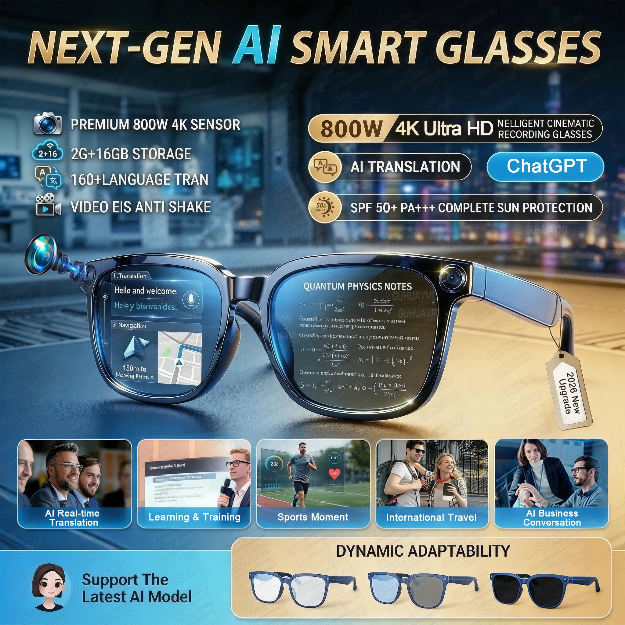 2026New 800W 4K Pixel Smart Glasses Men 160+Language Translation ChatGPT Music Anti-shake Photos &Video Call AI Sunglasses Women
2026New 800W 4K Pixel Smart Glasses Men 160+Language Translation ChatGPT Music Anti-shake Photos &Video Call AI Sunglasses Women