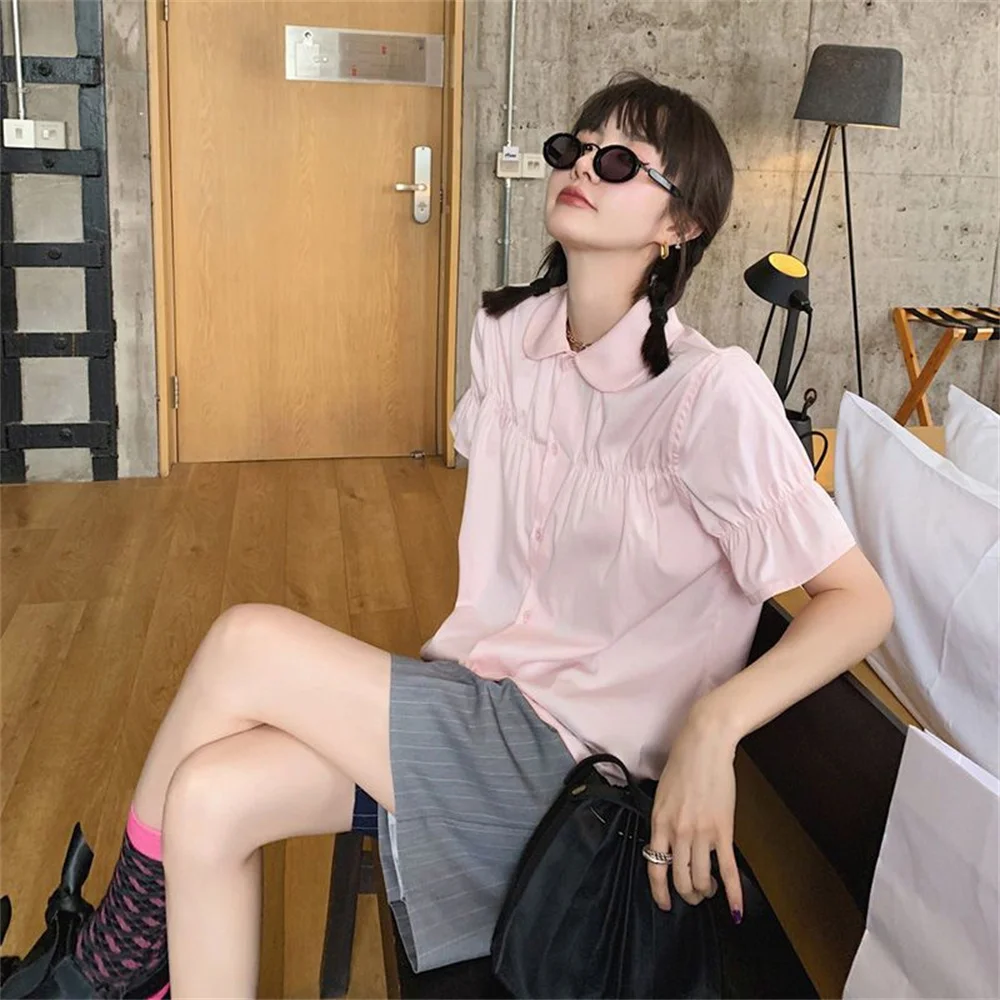 Cute Preppy Style Pink Shirt Women Summer Short Sleeve Sweet Blouse Vintage Japan Casual Female Peter Pan Collar Girls Tops New
Cute Preppy Style Pink Shirt Women Summer Short Sleeve Sweet Blouse Vintage Japan Casual Female Peter Pan Collar Girls Tops New