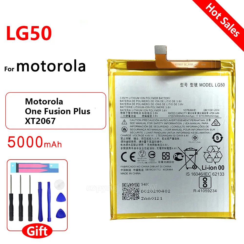 Original 5000mAh LG50 Replacement Battery For Motorola MOTO One Fusion Plus / One Fusion+ Mobile Phone Bateria Batteria +tools
Original 5000mAh LG50 Replacement Battery For Motorola MOTO One Fusion Plus / One Fusion+ Mobile Phone Bateria Batteria +tools