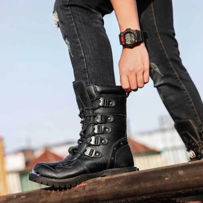 Luxury Men's Boots Fashion Mid-calf Motorcycle Boot Rock Punk Boots High Quality Cowhide Leather Boot Mens Casual High Top Boots 
Luxury Men's Boots Fashion Mid-calf Motorcycle Boot Rock Punk Boots High Quality Cowhide Leather Boot Mens Casual High Top Boots