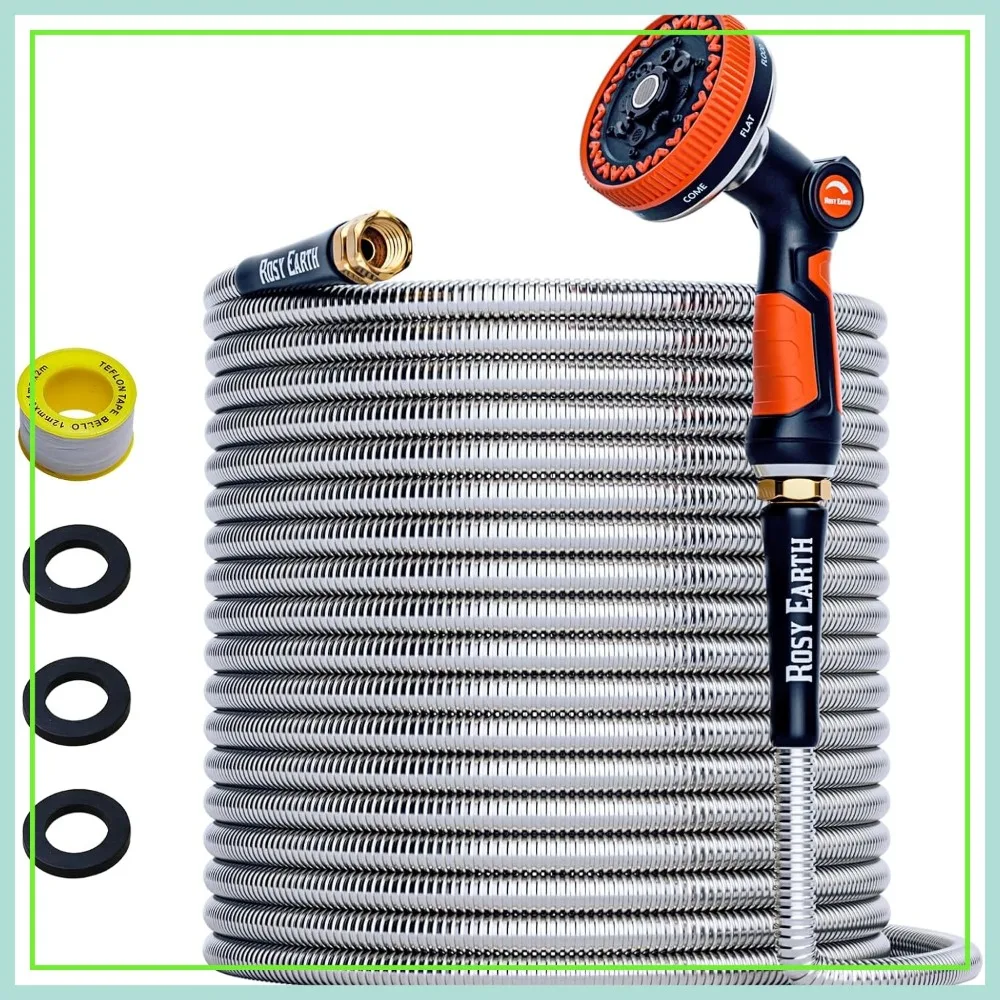 100ft Stainless Steel Garden Hose, Heavy Duty Metal Water Hose with 8-Function Nozzle, No-Kink Flexible Hose for Yard, RV
100ft Stainless Steel Garden Hose, Heavy Duty Metal Water Hose with 8-Function Nozzle, No-Kink Flexible Hose for Yard, RV