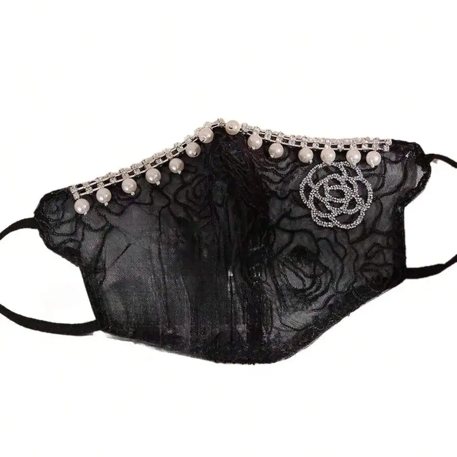 Elegant Black Lace Decorative Mask With Pearl Beads And Rhinestone Rose
Elegant Black Lace Decorative Mask With Pearl Beads And Rhinestone Rose