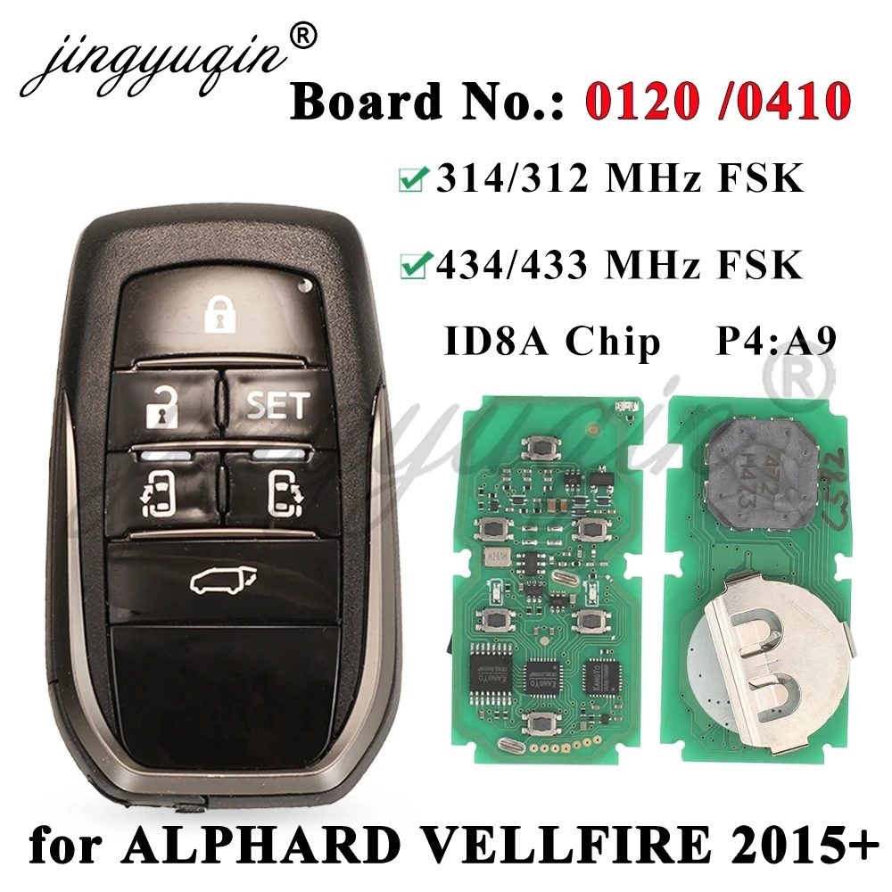 Jingyuqin 0120/0410 умный дистанционный ключ от автомобиля для Toyota ALPHARD VELLFIRE 2015 2016 2017 2018 312/314 433/434 МГц ID8A чип без ключа Go
Jingyuqin 0120/0410 умный дистанционный ключ от автомобиля для Toyota ALPHARD VELLFIRE 2015 2016 2017 2018 312/314 433/434 МГц ID8A чип без ключа Go