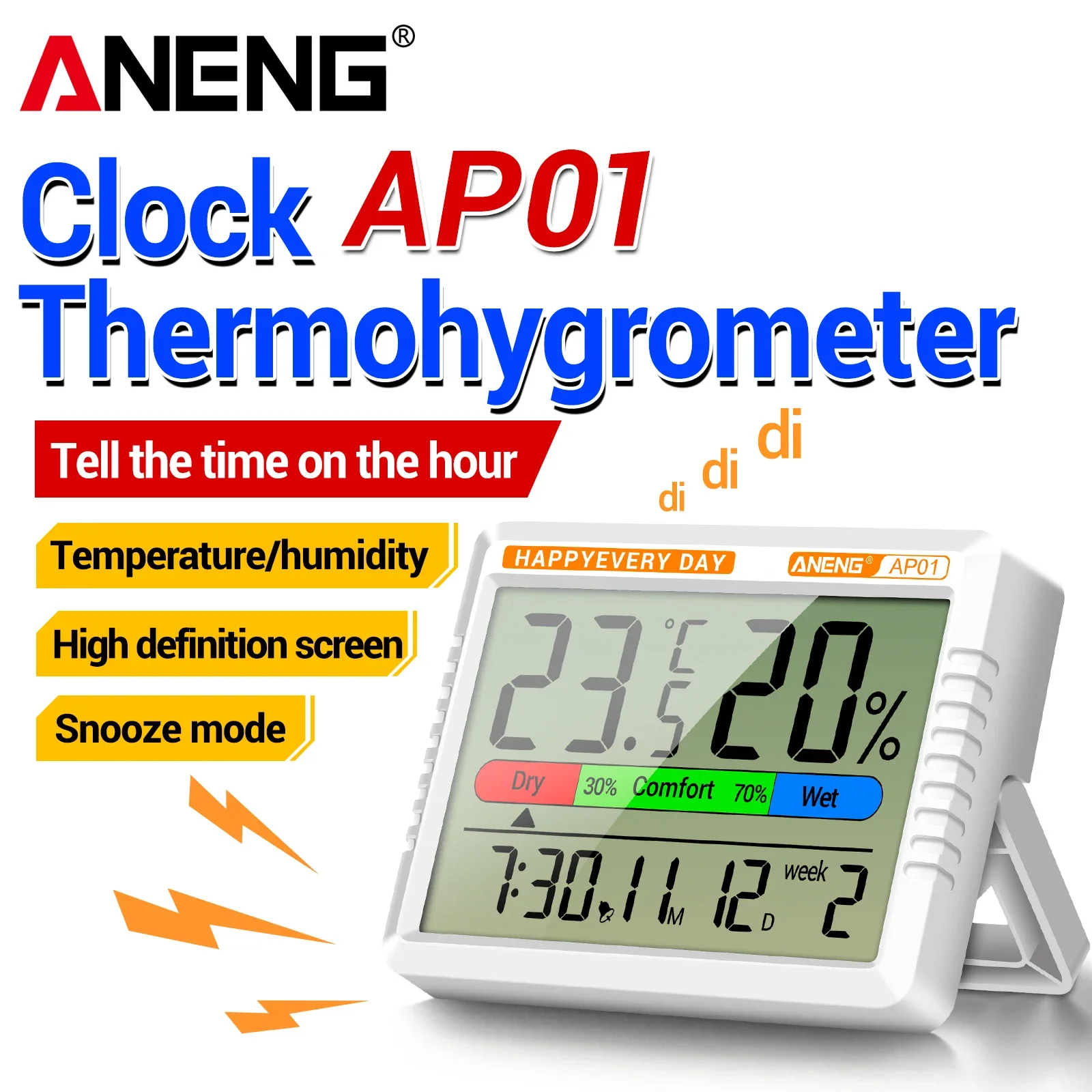 ANENG AP01 highprecision desktop indoor temperature and humidity detection with hourly alarm clock environmental comfort display
ANENG AP01 highprecision desktop indoor temperature and humidity detection with hourly alarm clock environmental comfort display