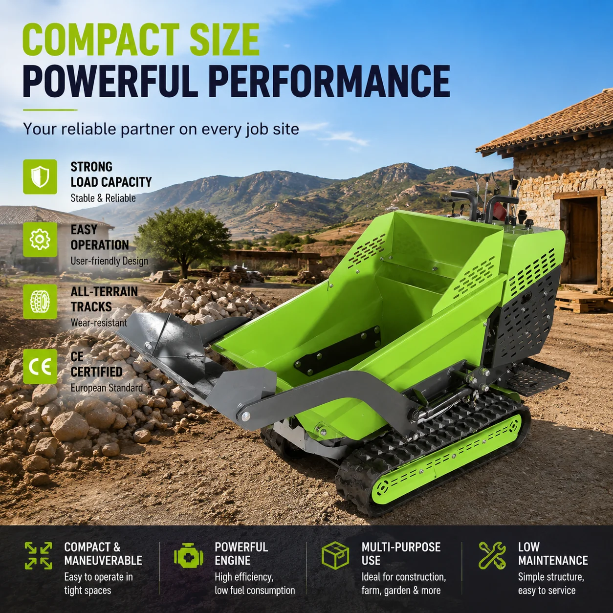 Mini Crawler Dumper Hydraulic Tracked Dump Truck Compact Power Dumper for Farm Construction Landscaping
Mini Crawler Dumper Hydraulic Tracked Dump Truck Compact Power Dumper for Farm Construction Landscaping