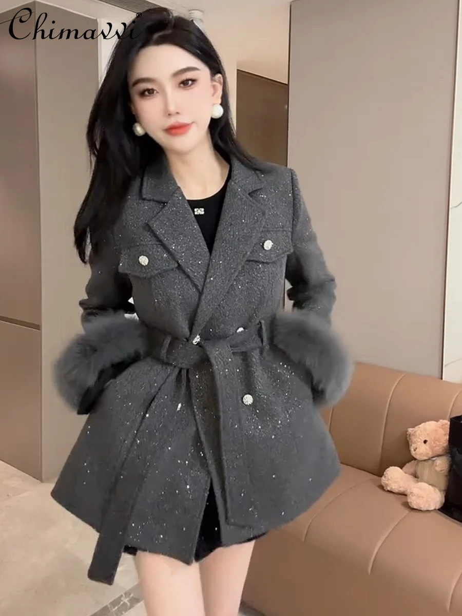 Fashion Lace-up OL Jacket Women's Winter New Suit Collar Fur Sleeves Slim Elegant Versatile Female Mid-length Jackets Coat
Fashion Lace-up OL Jacket Women's Winter New Suit Collar Fur Sleeves Slim Elegant Versatile Female Mid-length Jackets Coat