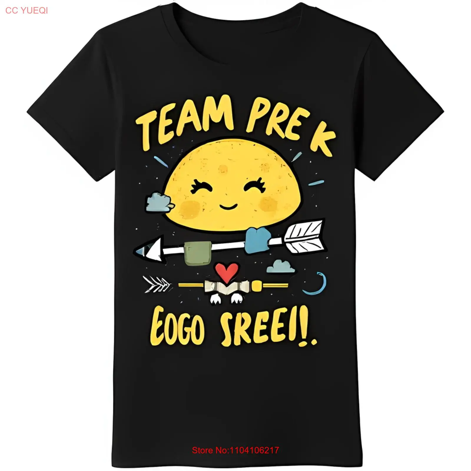 Adorable Black T-Shirt with Cartoon Sun Heart Arrow & Team Pre K Design
Adorable Black T-Shirt with Cartoon Sun Heart Arrow & Team Pre K Design