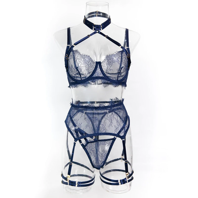 Bikini lace eyelash trim halter neck bra garter belt swimsuit four-piece set
Bikini lace eyelash trim halter neck bra garter belt swimsuit four-piece set