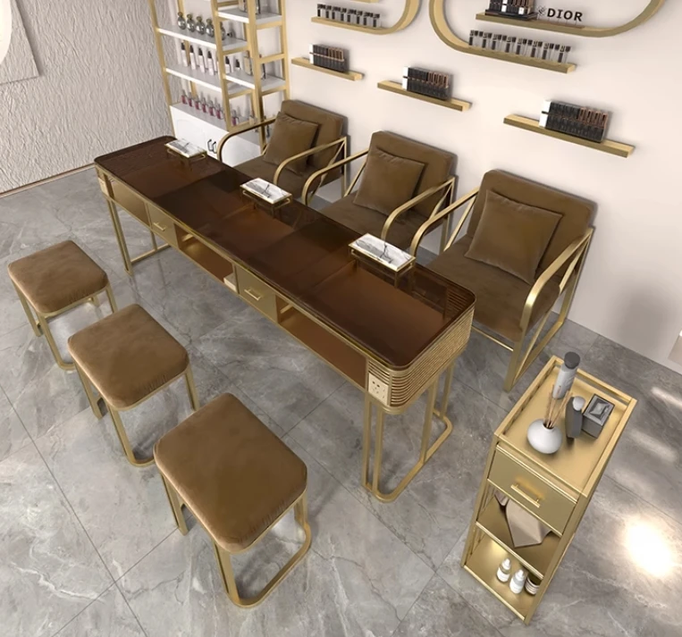 Modern Brown Glass Top Double Salon Nail Table and Chair Set Luxury Golden Metal Nail Technician Table and Chairs
Modern Brown Glass Top Double Salon Nail Table and Chair Set Luxury Golden Metal Nail Technician Table and Chairs