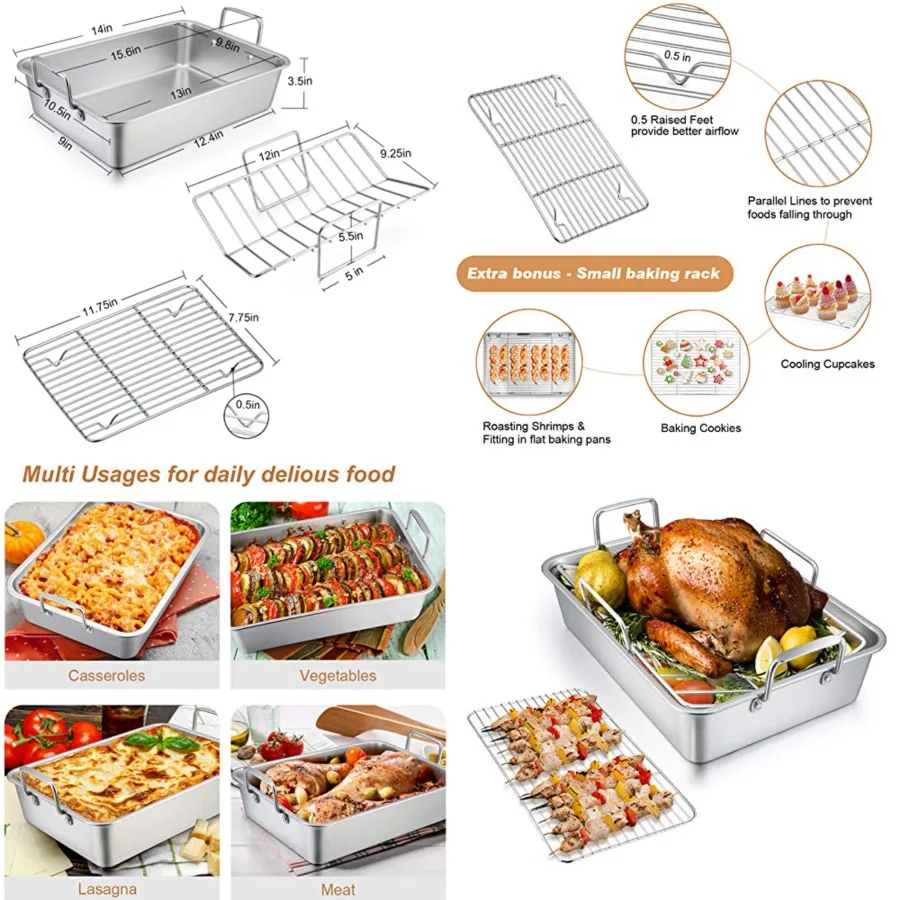 Roasting Pan with Rack, 14 Inch Stainless Steel Turkey Roaster Lasagna Pan with V-Shaped Rack Cooling Rack, Healthy Sturdy, Bru
Roasting Pan with Rack, 14 Inch Stainless Steel Turkey Roaster Lasagna Pan with V-Shaped Rack Cooling Rack, Healthy Sturdy, Bru