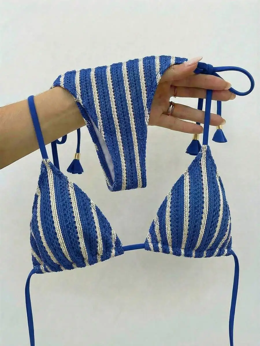 Womens Striped Tie Bikini Set Hollow Texture Beach Swimwear Summer Vacation Outfit
Womens Striped Tie Bikini Set Hollow Texture Beach Swimwear Summer Vacation Outfit