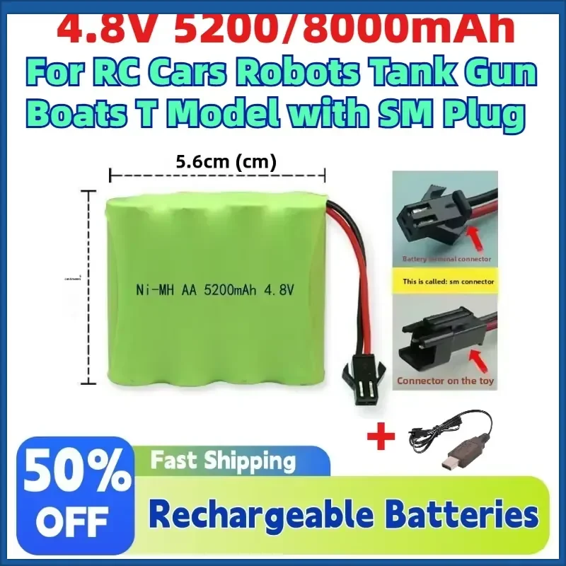 4.8V 5200/8000mAh Rechargeable NiMH Battery for RC Cars Robots Tank Gun Boats T Model with SM Plug + Send Charging Cable
4.8V 5200/8000mAh Rechargeable NiMH Battery for RC Cars Robots Tank Gun Boats T Model with SM Plug + Send Charging Cable