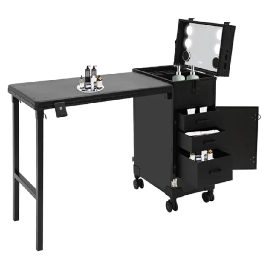 Professional rolling makeup case for salon use, ABS plastic, black, foldable with 3 drawers, built-in mirror, portable travel t
Professional rolling makeup case for salon use, ABS plastic, black, foldable with 3 drawers, built-in mirror, portable travel t