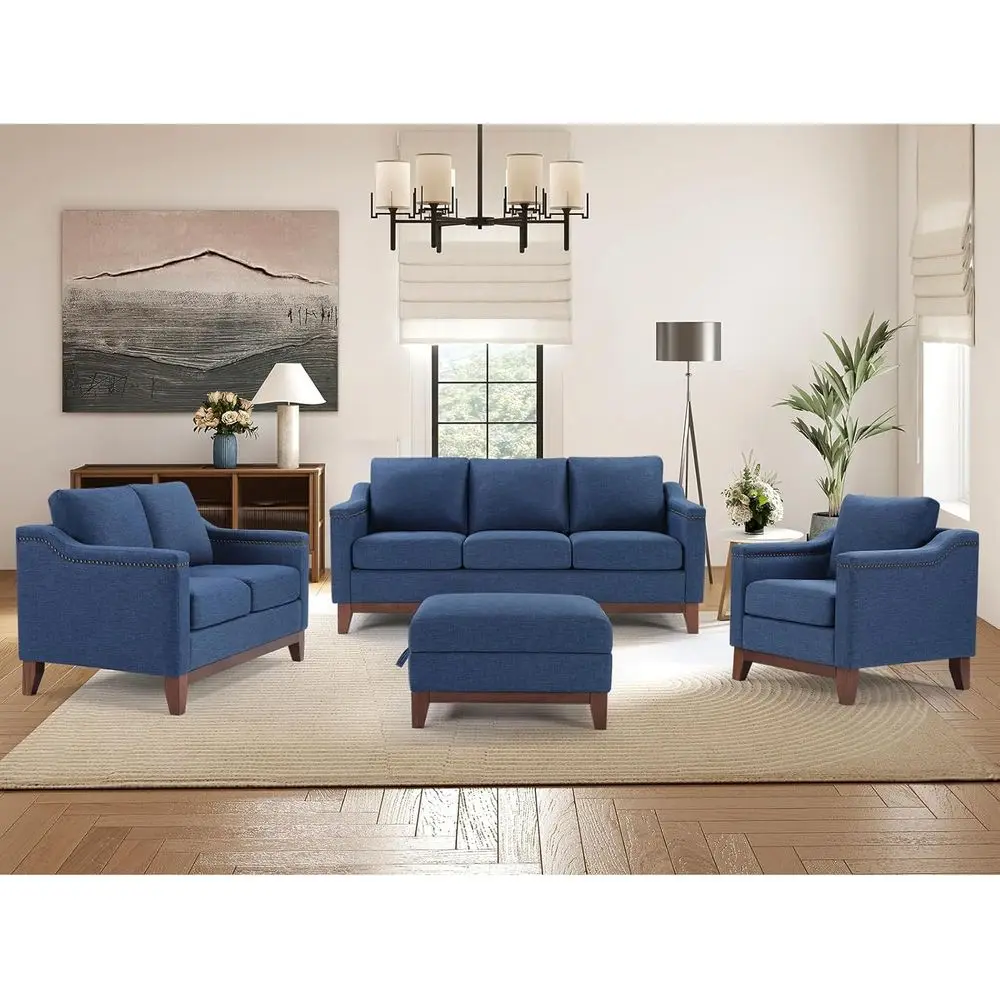 Vintage 4-Piece Living Room Sofa Set with Coffee Table, Solid Wood Legs, Ottoman Storage, Armchair, Loveseat, 3-Seat Sofa in Blu
Vintage 4-Piece Living Room Sofa Set with Coffee Table, Solid Wood Legs, Ottoman Storage, Armchair, Loveseat, 3-Seat Sofa in Blu