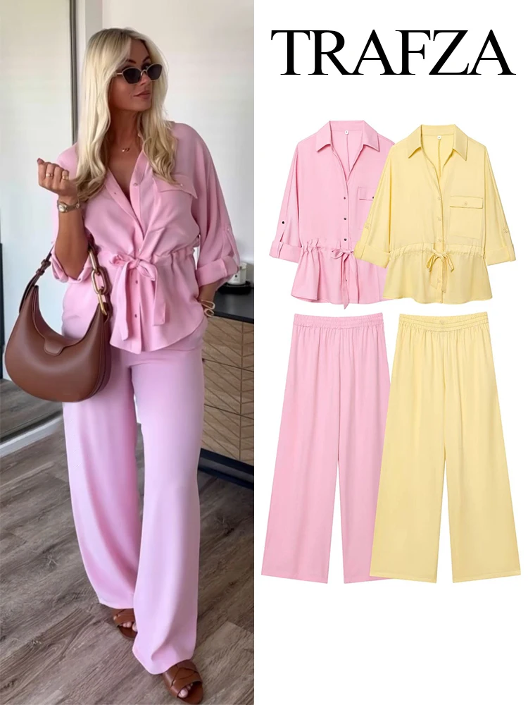TRAFZA Women's Turn-down Collar Pocket Single-Breasted Draw Rope Decorate Casual Shirt Top+Elastic Waist Loose Long Pants Suit
TRAFZA Women's Turn-down Collar Pocket Single-Breasted Draw Rope Decorate Casual Shirt Top+Elastic Waist Loose Long Pants Suit