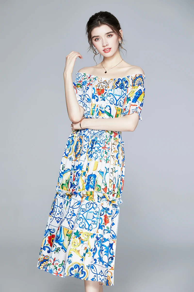 Newest Blue and White Porcelain Print Flower Midi Dress Women's Off Shoulder Short Sleeve Elastic Waist Runway Vestidos
Newest Blue and White Porcelain Print Flower Midi Dress Women's Off Shoulder Short Sleeve Elastic Waist Runway Vestidos