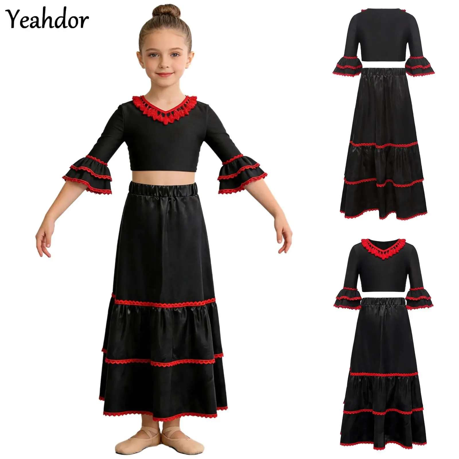Girls Flamenco Spanish Dance Outfits Black Ruffle Half Sleeves Crop Top with Satin Tiered Skirt Gypsy Ballroom Dance Performance
Girls Flamenco Spanish Dance Outfits Black Ruffle Half Sleeves Crop Top with Satin Tiered Skirt Gypsy Ballroom Dance Performance