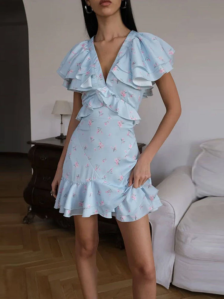 2026 Summer Floral Printed Ruffled V‑Neck Mini Dress Slim Fit Flowy Fly Sleeve Women Dress Romantic Sweet Lady Beach Vestido
2026 Summer Floral Printed Ruffled V‑Neck Mini Dress Slim Fit Flowy Fly Sleeve Women Dress Romantic Sweet Lady Beach Vestido