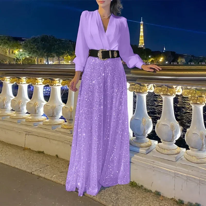 2023 Winter New Women's Jumpsuit Fashionable V-neck Long Sleeved Shirt Elegant And Slim Waist Slimming Sequin Wide Leg Jumpsuit
2023 Winter New Women's Jumpsuit Fashionable V-neck Long Sleeved Shirt Elegant And Slim Waist Slimming Sequin Wide Leg Jumpsuit