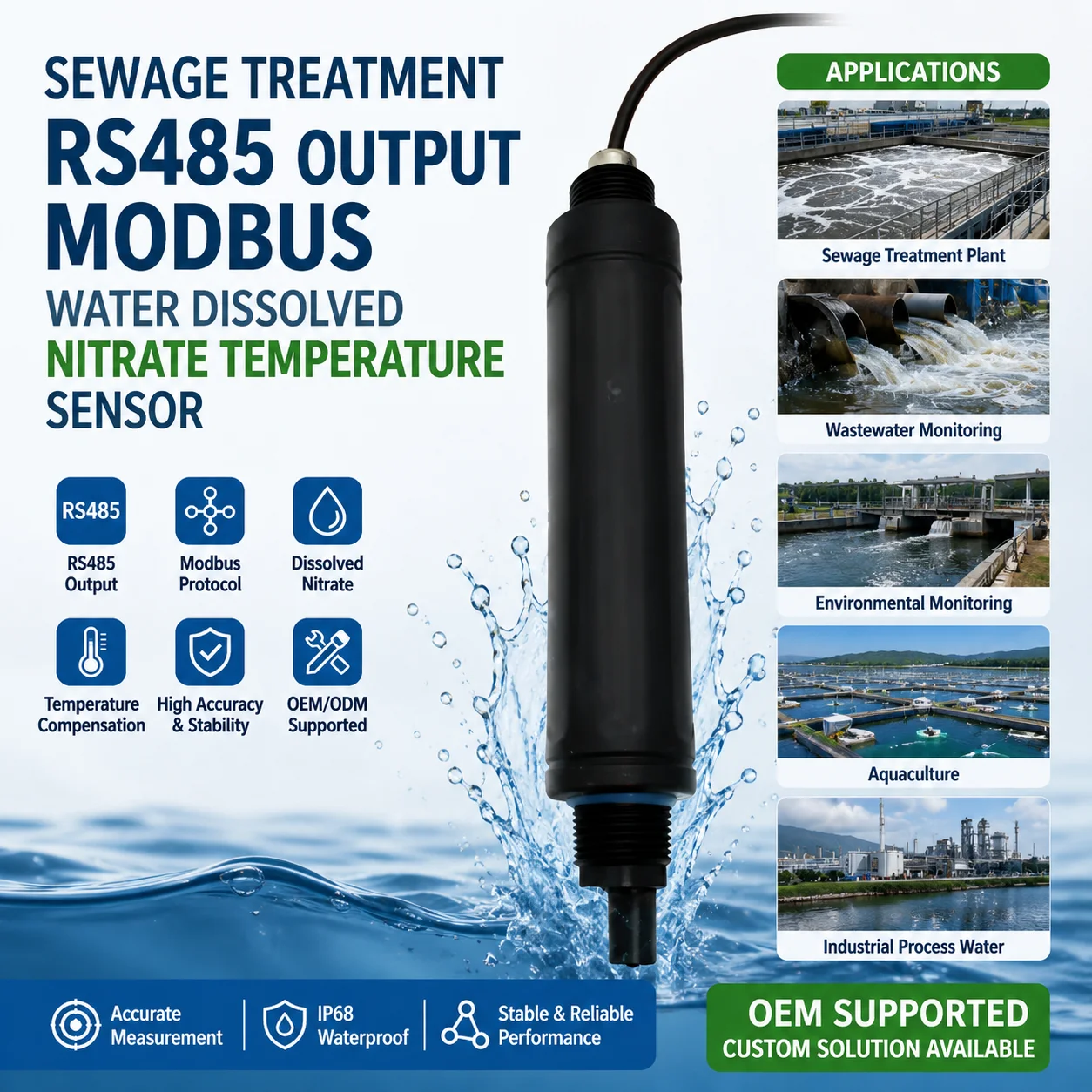RS485 Modbus Dissolved Nitrate Water Quality Sensor for Sewage Treatment Online Monitoring OEM Supported
RS485 Modbus Dissolved Nitrate Water Quality Sensor for Sewage Treatment Online Monitoring OEM Supported