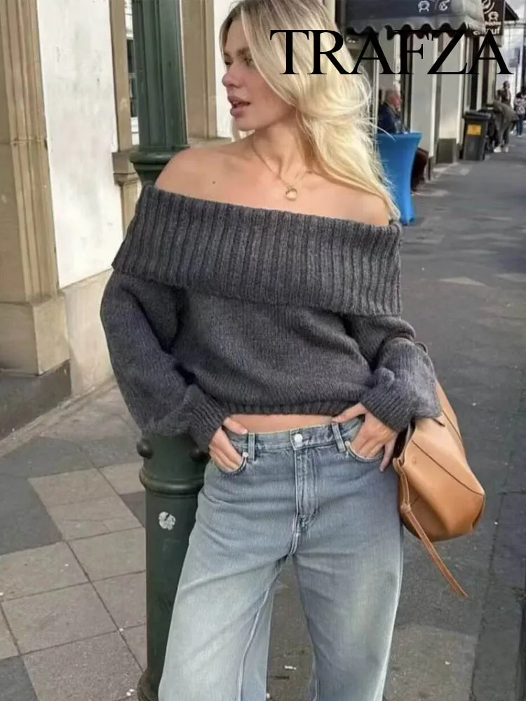 TRAFZA Woman Autumn New Fashion Vintage Lapel Solid One-shoulder Pullover Sweater Female Elegant Loose Long Sleeves Knitted Tops
TRAFZA Woman Autumn New Fashion Vintage Lapel Solid One-shoulder Pullover Sweater Female Elegant Loose Long Sleeves Knitted Tops