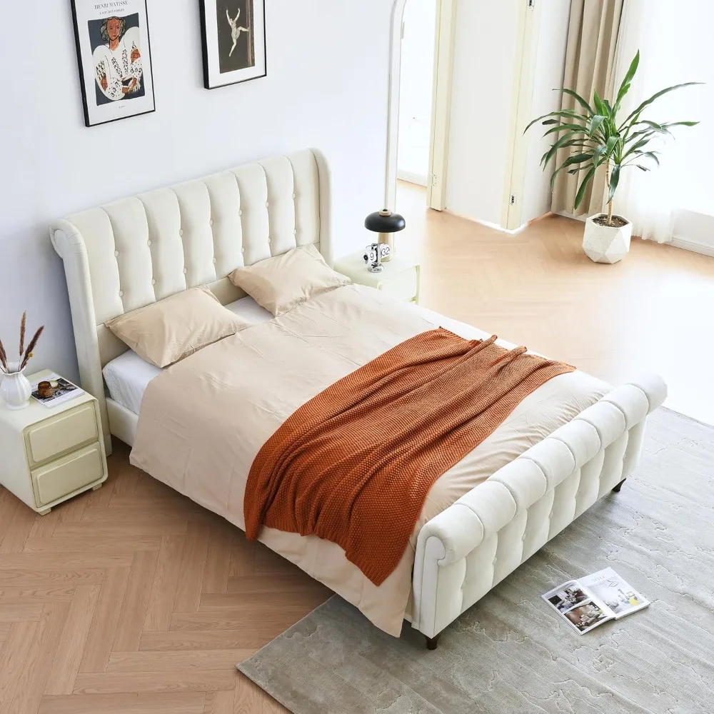 Queen Size Sleigh Bed, Velvet Upholstered Platform Bed Frame with Deep Button Tufted & Scroll Wingback Headboard & Footboard
Queen Size Sleigh Bed, Velvet Upholstered Platform Bed Frame with Deep Button Tufted & Scroll Wingback Headboard & Footboard