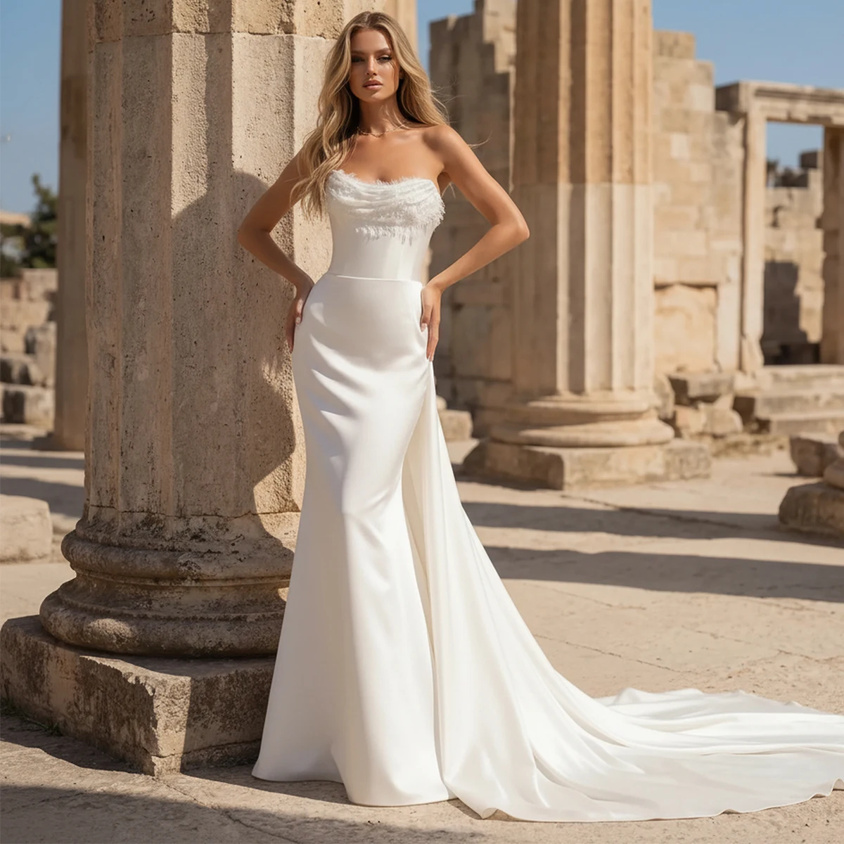 Romantic Strapless Lace Wedding Dress With Detachable Train Long Sheath Satin Bridal Party Gown For Bride Vestidos Novia
Romantic Strapless Lace Wedding Dress With Detachable Train Long Sheath Satin Bridal Party Gown For Bride Vestidos Novia
