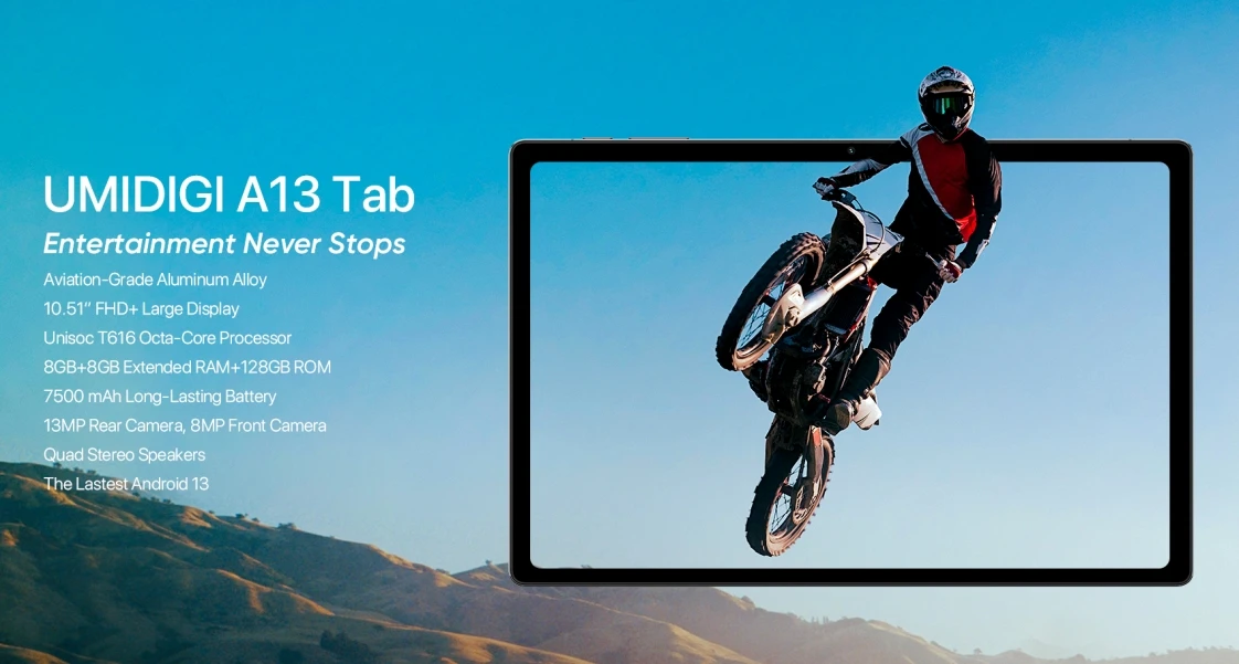 UMIDIGI A13 Tab, CPU T616 120Hz 10.51 inches, Flagship-Level Trendy Design Cost-effective 4G Calling Tablet, 8GB RAM, 128GB ROM
UMIDIGI A13 Tab, CPU T616 120Hz 10.51 inches, Flagship-Level Trendy Design Cost-effective 4G Calling Tablet, 8GB RAM, 128GB ROM
