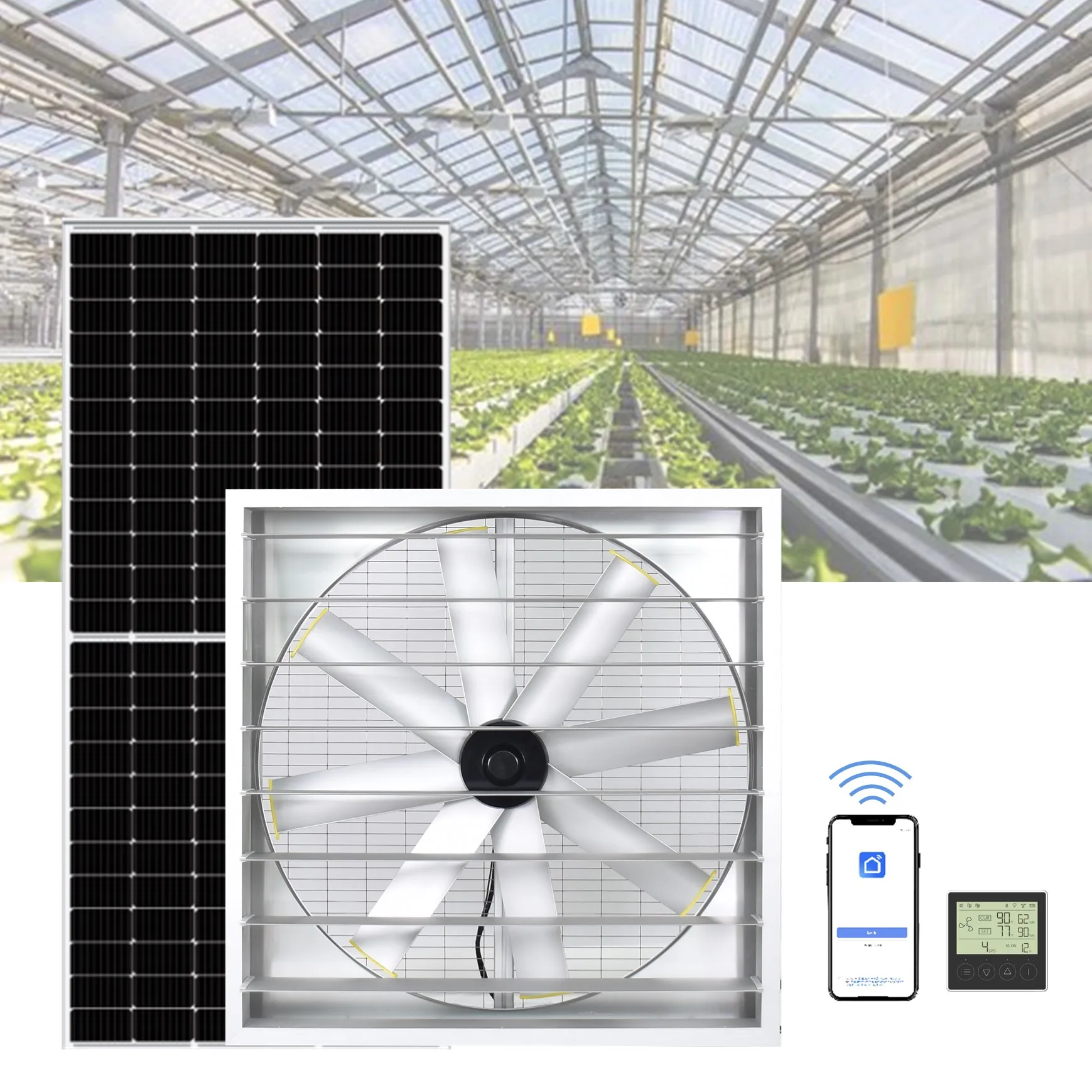 Industrial Big Solar Powered Air Cooling Wall Fan for Livestock Farm Greenhouse Exhaust Ventilation Fan with Solar Panel System
Industrial Big Solar Powered Air Cooling Wall Fan for Livestock Farm Greenhouse Exhaust Ventilation Fan with Solar Panel System