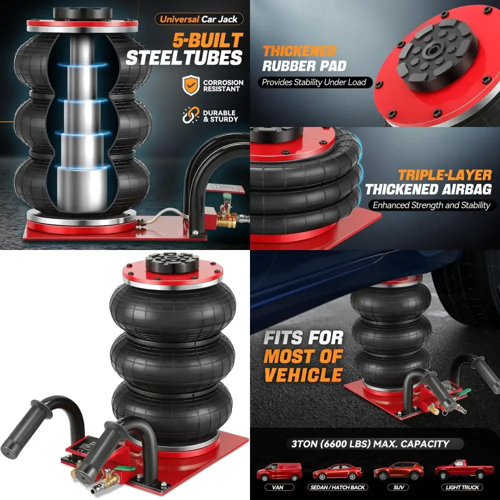 Пневматический домкрат с тремя подушками, 5 стальными трубками, высота подъема 14,3 дюйма, быстрый пневматический подъем, противоскользящие ручки, для использования в автомобиле и гараже, красный/черный
Пневматический домкрат с тремя подушками, 5 стальными трубками, высота подъема 14,3 дюйма, быстрый пневматический подъем, противоскользящие ручки, для использования в автомобиле и гараже, красный/черный