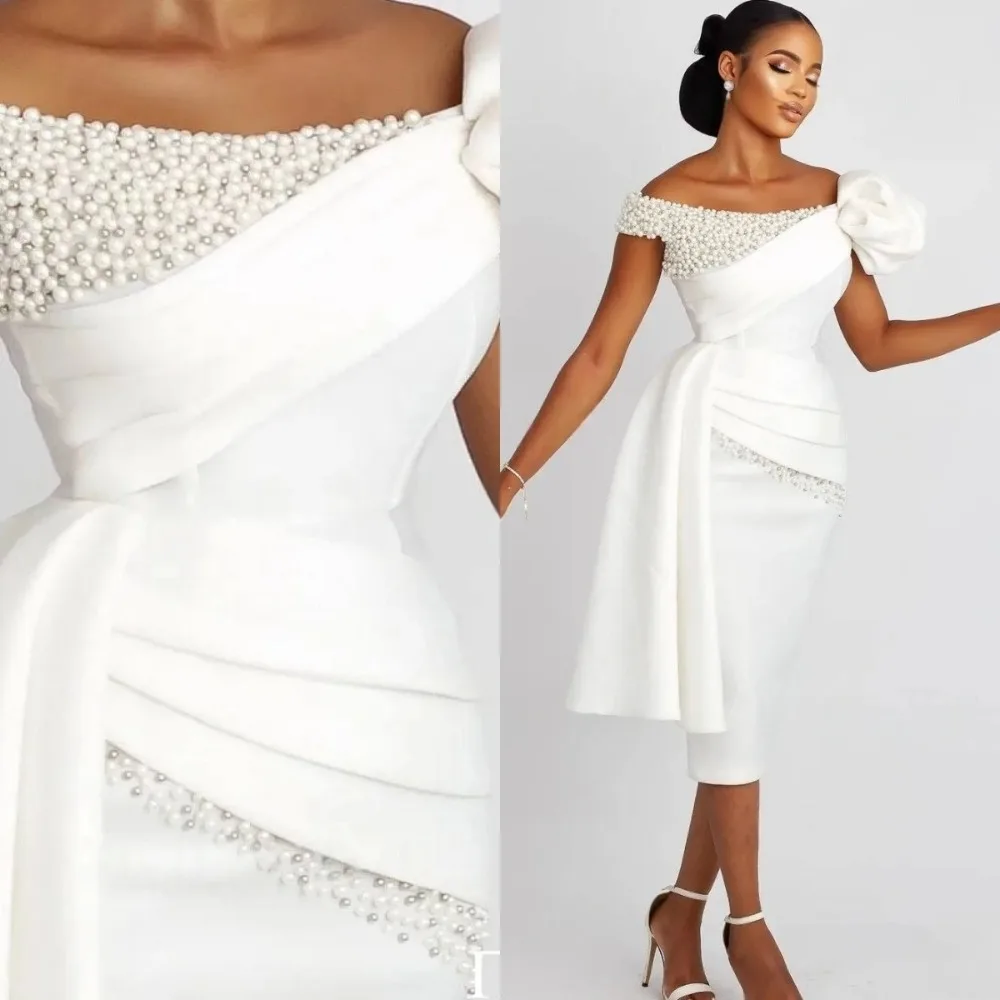 Customized Exquisite Satin Sparkly Pearls Short Mermaid Wedding Dress Off Shoulder Pleat Mid-calf Bridal Gowns vestido de novia
Customized Exquisite Satin Sparkly Pearls Short Mermaid Wedding Dress Off Shoulder Pleat Mid-calf Bridal Gowns vestido de novia