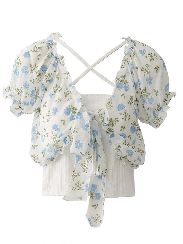 Korean Lovely Shirt Summer New Sweet Small Floral Lace-up Short-sleeved Chiffon Blouse + Suspender Two-piece Women V-neck Top
Korean Lovely Shirt Summer New Sweet Small Floral Lace-up Short-sleeved Chiffon Blouse + Suspender Two-piece Women V-neck Top