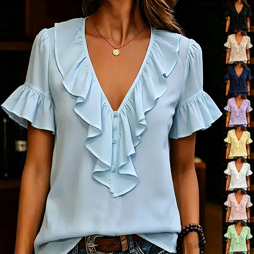 Women Buttons Ruffle Blouses Elegant V-Neck Short Sleeve Shirts 2026 Summer Blusas Mujer Fashion Solid Color Casual Tunic Tops
Women Buttons Ruffle Blouses Elegant V-Neck Short Sleeve Shirts 2026 Summer Blusas Mujer Fashion Solid Color Casual Tunic Tops