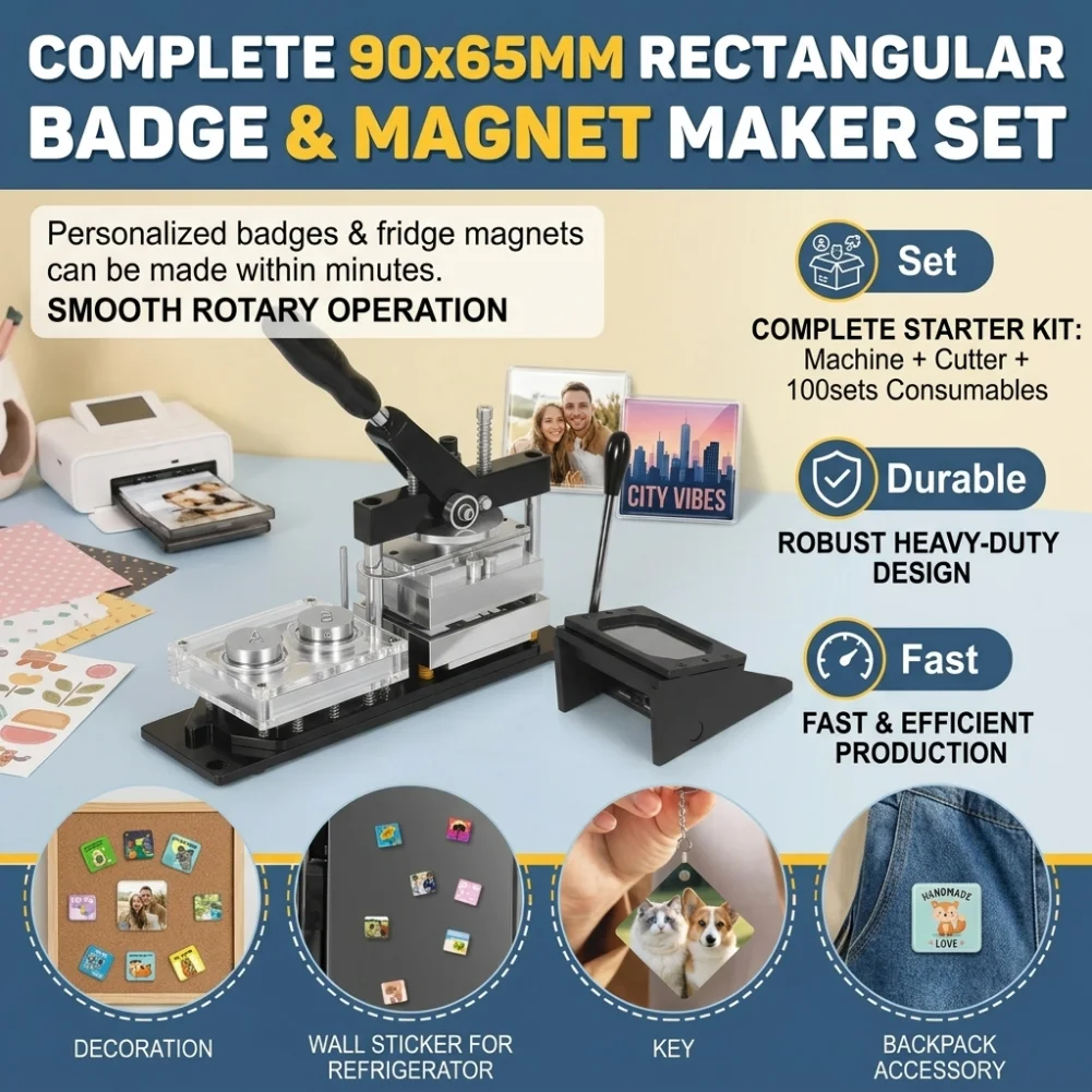 Rectangle Badge Maker Machine 90x65mm Rotating Base Fridge Magnet Button Maker Kit With Paper Cutter 100pcs Supplies Set
Rectangle Badge Maker Machine 90x65mm Rotating Base Fridge Magnet Button Maker Kit With Paper Cutter 100pcs Supplies Set