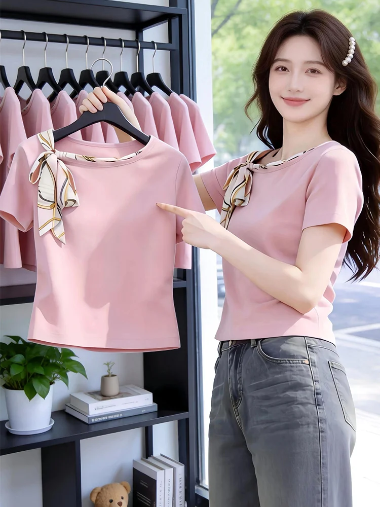 Pink Silk Scarf Tied Casual Simple Base Short Sleeve T-Shirt Women's Summer Dopaamine Anti-Aging Top High Waist Regular Sleeve
Pink Silk Scarf Tied Casual Simple Base Short Sleeve T-Shirt Women's Summer Dopaamine Anti-Aging Top High Waist Regular Sleeve
