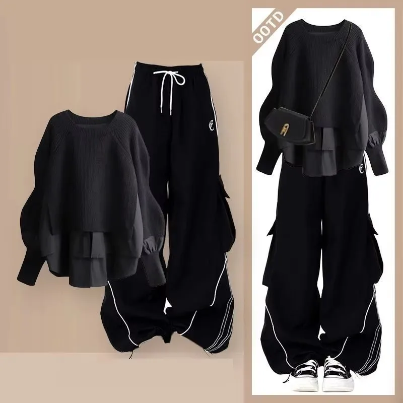 Women Autumn Winter New Fashion Casual Tracksuit Matching Set Korean Elegant Fake Two-piece Knit Sweater+loose Cargo Pants Suit
Women Autumn Winter New Fashion Casual Tracksuit Matching Set Korean Elegant Fake Two-piece Knit Sweater+loose Cargo Pants Suit