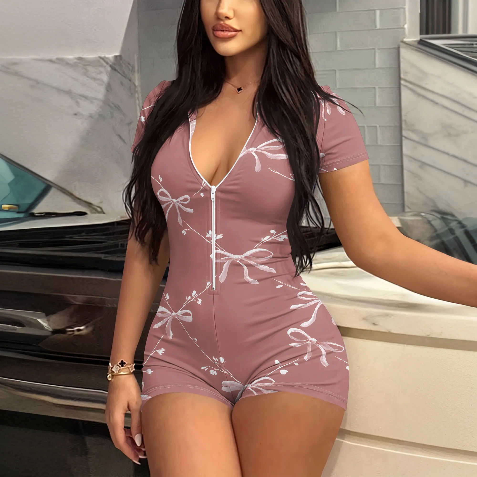 Bow Print Romper, Short Sleeve Zip Front Jumpsuit, V Neck Bodycon Playsuit for Women Summer Casual Outfit S-2XL
Bow Print Romper, Short Sleeve Zip Front Jumpsuit, V Neck Bodycon Playsuit for Women Summer Casual Outfit S-2XL