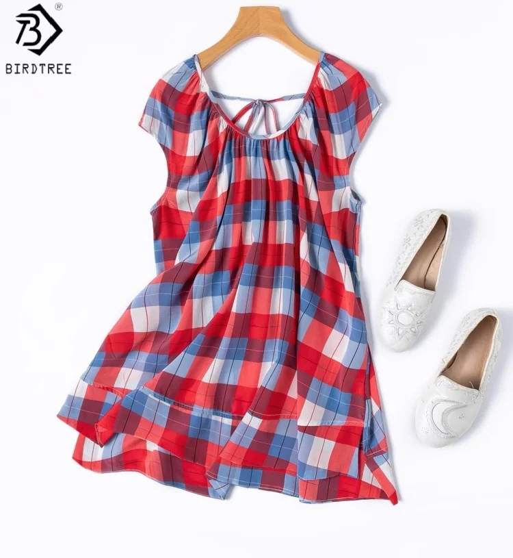 Birdtree Summer 100% Mulberry Silk Tshirt,Women Double Crepe Short Sleeve Grid Printing Loose V-neck Shirt,2025 New T56621JF
Birdtree Summer 100% Mulberry Silk Tshirt,Women Double Crepe Short Sleeve Grid Printing Loose V-neck Shirt,2025 New T56621JF