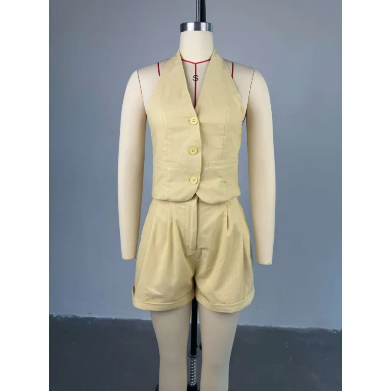 Women Vest Shorts Suit Elegant Slim V-neck Single Brasted Sleeveless Tops High Waist Mini Skirts Female Set Summer Lady Outwears
Women Vest Shorts Suit Elegant Slim V-neck Single Brasted Sleeveless Tops High Waist Mini Skirts Female Set Summer Lady Outwears