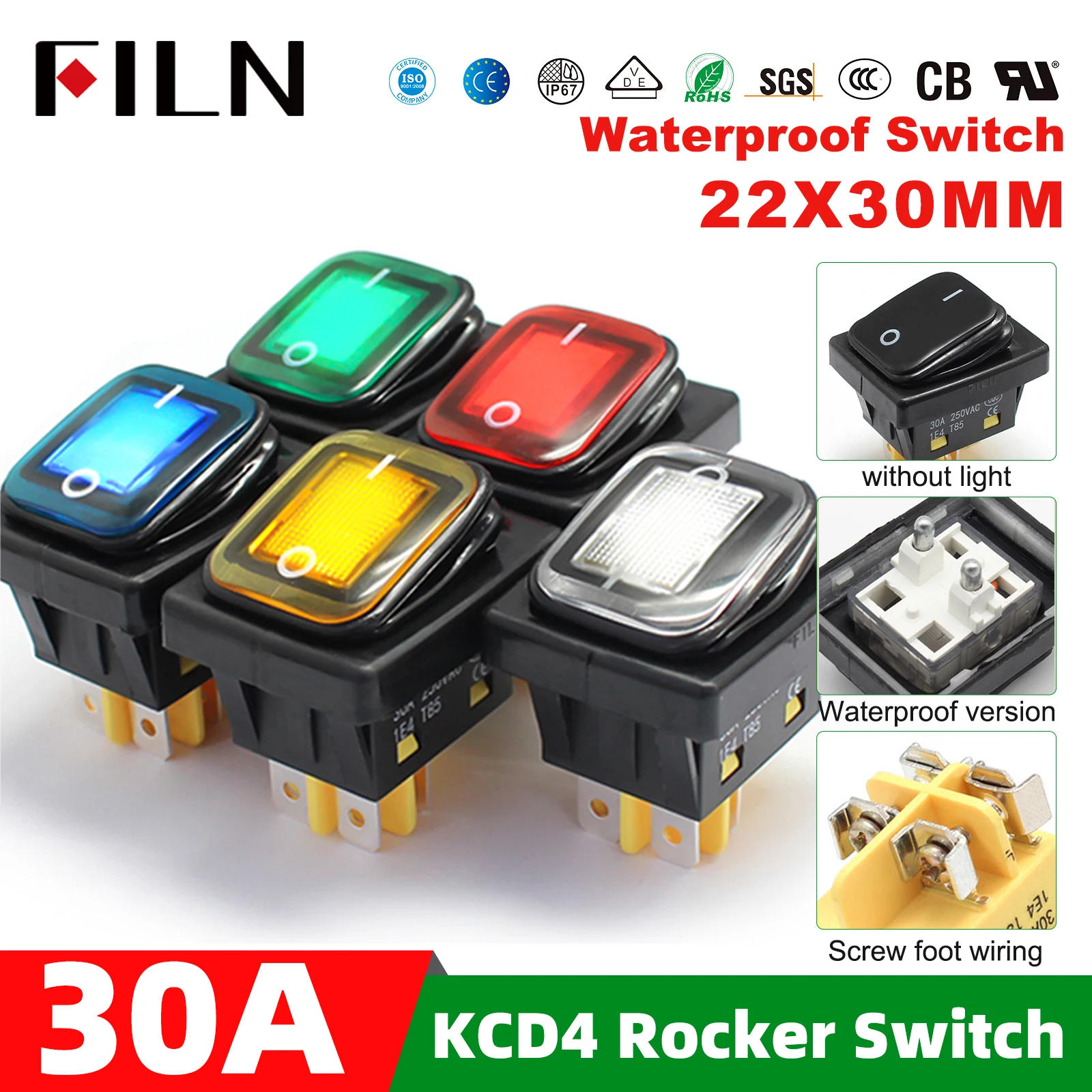 FILN 30A 250VAC 12V 24V Waterproof KCD4 Rocker Switch on Off DPST Rocker Switch IP67 Switch on Off on With LED Lamp Illuminated
FILN 30A 250VAC 12V 24V Waterproof KCD4 Rocker Switch on Off DPST Rocker Switch IP67 Switch on Off on With LED Lamp Illuminated