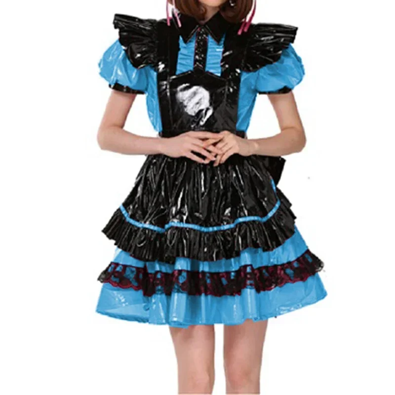 Lockable Lapel Puff Short Sleeve Short Dress Shiny PVC Leather Maid Costumes with Big Bow Apron French Lolita Cosplay Uniforms
Lockable Lapel Puff Short Sleeve Short Dress Shiny PVC Leather Maid Costumes with Big Bow Apron French Lolita Cosplay Uniforms