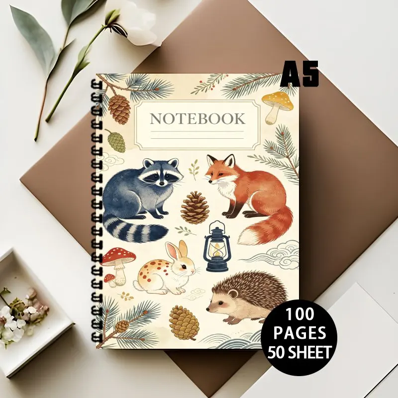 A5 Spiral Notebook Cute Animal Notebook with Woodland Raccoon Fox Rabbit Hedgehog Pinecone Mushroom Pattern
A5 Spiral Notebook Cute Animal Notebook with Woodland Raccoon Fox Rabbit Hedgehog Pinecone Mushroom Pattern