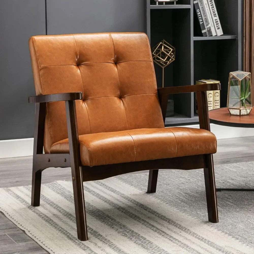 Mid-century modern accent chair, upholstered faux leather armchair vintage living room side chair with solid wood frame
Mid-century modern accent chair, upholstered faux leather armchair vintage living room side chair with solid wood frame